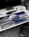 Giant moon-like white sphere floating in blue sky desk pad 40x20 inches with tiny stars and haze.
