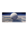 Moon-white sphere orbit design mouse pad, 28x12 inches, with soft haze, tiny stars, and shadow rings.