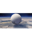 Moon-white sphere orbit design desk pad 36x16 inches with soft haze, star specks, and shadow rings.