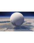 Moon-white sphere orbit desk pad 40x20 inches with soft haze, star specks, and subtle shadow rings.