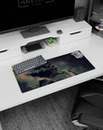 Battlefield fury 28x12 mouse pad with Eren’s Titan transformation, dark shadows, and fiery highlights, perfect for creating an intense workspace atmosphere