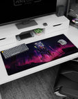 Artistic 36x16 inches mouse pad featuring Evangelion Unit-01 awakening, with neon pinks and purples illuminating destruction and a divine halo for intensity.
