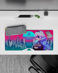 Compact 28x12 mouse pad highlights anime character and futuristic city for immersive cyberpunk vibes