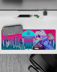 Intense 32x12 mouse pad features anime guardian and glowing cityscape with intricate neon details for fans