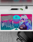 Dynamic 32x16 mouse pad combines anime-style character with sleek neon pink and cyan design for impactful visuals