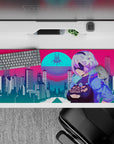 Striking 36x16 desk pad highlights anime guardian against a bold neon cityscape with intricate details