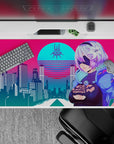 Futuristic 40x20 desk pad showcases glowing pink and cyan hues with a striking anime guardian for fans