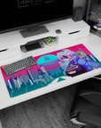 Neon city artwork on 36x16 mouse pad captures the energy of cyberpunk and anime in stunning artistic fashion