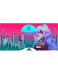 Cyber City Guardian mouse pad 36x16 with neon cityscape and anime character for immersive cyber-inspired decor