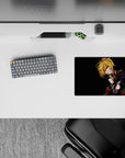 14x10 inches anime mouse pad in deep black with warm gold blond hair, bold shadows, cute menacing vibe.