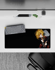 28x12 inches mouse pad in deep black with warm gold-blond hair, bold shadows, and cute menace vibe.