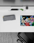Sunset pastel anime mouse pad 14x10 inches in red, blue, black and gold with crisp jewel-like accents.