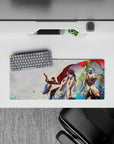 28x12 inches anime mouse pad in sunset pastels, red cloak and jewel blues, sleek luxe vibe.