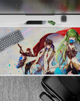 Sunset pastel anime desk pad 40x20 inches in red and blue tones, sleek luxe vibe, smooth for gaming.