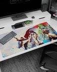 40x20 inches anime desk pad featuring emerald-haired armored girl biting a blue rose with allies behind.