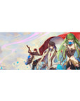 36x16 inches anime desk pad with trio under red cloak, blue petals, crisp lines and jewel accents.