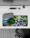 Anime mouse pad 28x12 inches features an archer in mystical armor by a forest spring, blending twilight blue and gold.