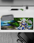 Anime mouse pad 32x12 inches featuring a mystical archer in twilight blue armor by a shimmering forest spring, serene vibes.