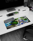 Anime mouse pad 28x12 inches with an archer in mystical armor by a forest spring, twilight blue and golden trims.