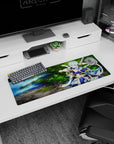 Anime mouse pad 32x12 inches featuring a mystical archer in twilight blue armor by a shimmering forest spring.