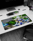 Anime mouse pad 32x16 inches with a calm archer in mystical armor by a shimmering forest spring, twilight blue and gold.