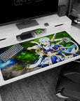 Anime mouse pad 40x20 inches with archer in mystical armor by forest spring, twilight blue and golden trims for fantasy feel.