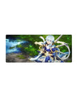 Anime mouse pad 28x12 inches featuring a calm archer in mystical armor by a shimmering forest spring in twilight blue.