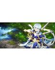 Anime mouse pad 36x16 inches featuring a calm archer in mystical armor by a shimmering forest spring, twilight blue theme.