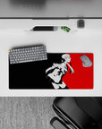 Futaba Sakura from Persona 5 on 28x12 inch mouse pad, red and black cyberpunk style, perfect for anime and tech fans.