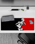 Futaba Sakura from Persona 5 on a 32x12 inch anime mouse pad, featuring a striking red and black cyberpunk design.