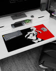 Futaba Sakura from Persona 5 on a 32x16 inch anime mouse pad, featuring red and black cyberpunk design and edgy jacket.