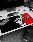 Futaba Sakura Persona 5 desk pad, 40x20 inches, red-black cyberpunk design with monochrome linework, ideal anime fans.
