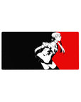 Futaba Sakura Persona 5 anime mouse pad, 32x16 inches, red and black cyberpunk design with monochrome linework and edgy vibe.