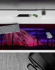 Striking 36x16 desk pad highlights Kaworu’s serene expression, crimson tones, and surreal backdrop in stunning artistic detail