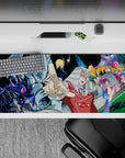 Neon city anime desk pad 36x16 inches in cool blues, hot magentas, glossy blacks, high-speed vibe.