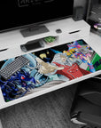 Maximillion Pegasus pointing with Dark Magician Girl on a 40x20 inches anime desk pad, neon backdrop.