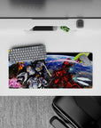 28x12 inches anime mouse pad in icy white and hot red with neon beam trails, cockpit-like sci-fi vibe.