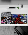 32x12 inches anime mouse pad in icy whites and hot reds with neon green beam saber glow, sci-fi vibe.