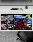 32x16 inches anime mouse pad in icy white and hot red with neon green glow on a deep blue Earth backdrop.