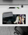 28x12 inches anime girl mouse pad in deep purples and smoky greys, edgy calm vibe for gaming.