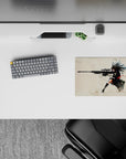 Cream and black anime mouse pad 14x10 inches with gritty ink shadows, red tie accents, intense vibe.