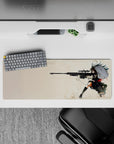 32x12 inches anime mouse pad in cream and black with red tie accents, gritty shadows, intense action mood.