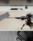 Cream background anime desk pad 40x20 inches, gritty ink shadows, dark hair, bold red accent, intense vibe.