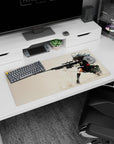 32x16 inches anime girl mouse pad showing kneeling sniper girl, long dark hair, shells flying, dust burst.