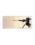 Anime girl sniper desk mouse pad, wind-tossed black uniform and rifle action, 28x12 inches.