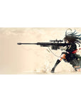 Anime girl sniper desk pad 40x20 inches with black uniform, red tie, long rifle, and action splatter.