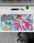 32x16 inches kawaii desk mat in soft sky blue and candy pink, spring confetti vibe, smooth gaming glide.