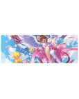 32x12 inches anime girl mouse pad with winged Sakura-style design, ribbons, star staff, and Clow Cards.