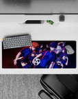 Neon blue and red-trimmed anime mouse pad 32x12 inches with deep shadows and competitive vibe.
