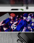 Neon blue and red piping anime desk pad 40x20 inches with deep shadows, loud competitive sports vibe.